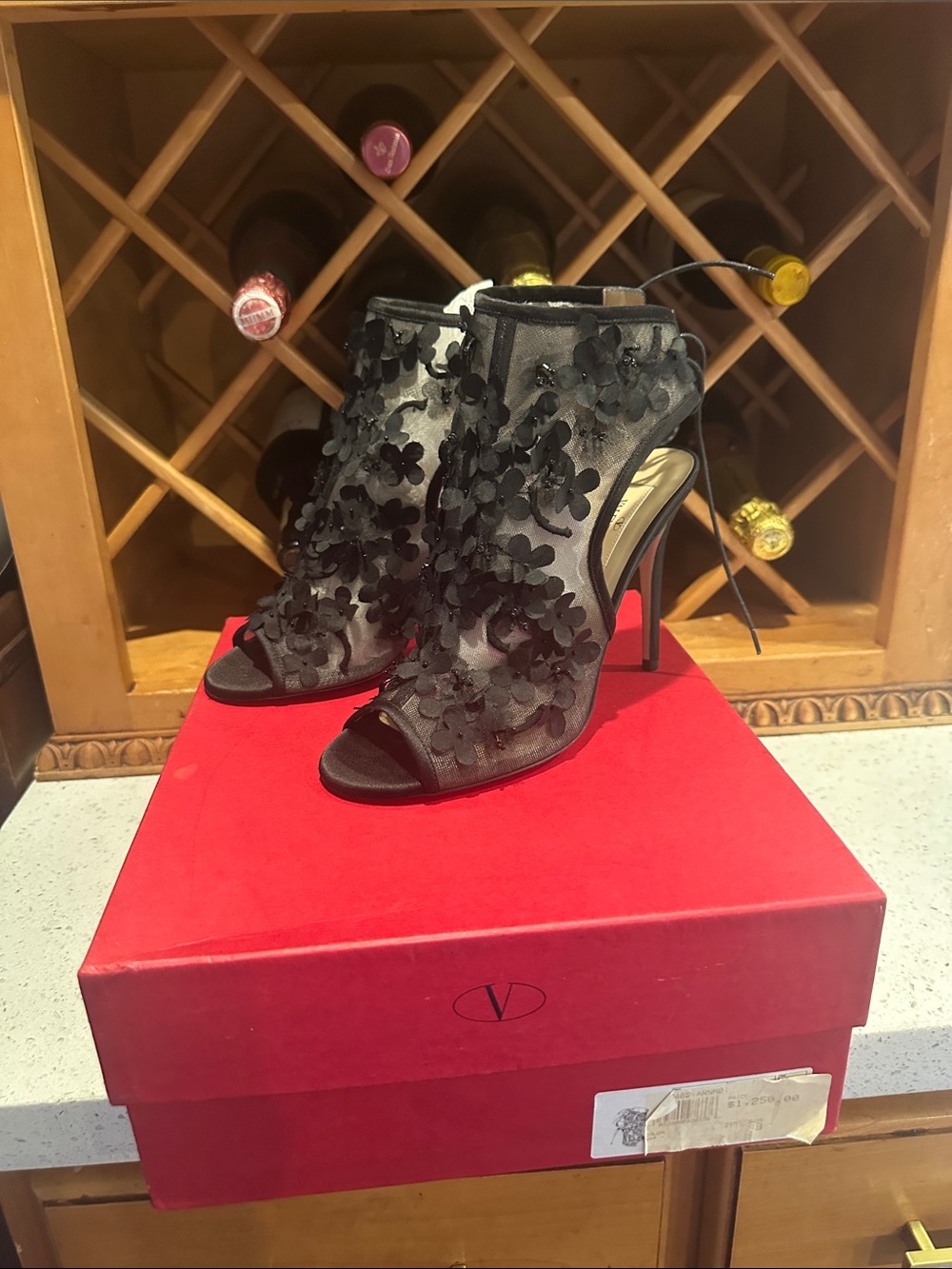 Valentino Garavani Black Floral Lace-Up Peep-Toe Boots